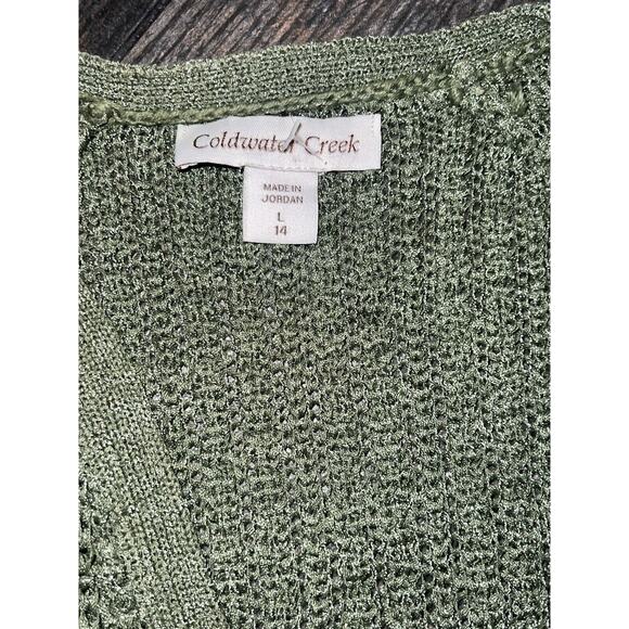 Coldwater Creek Green 3/4 Sleeve Open Front Sweater L Woven EUC Stretch - Picture 3 of 7